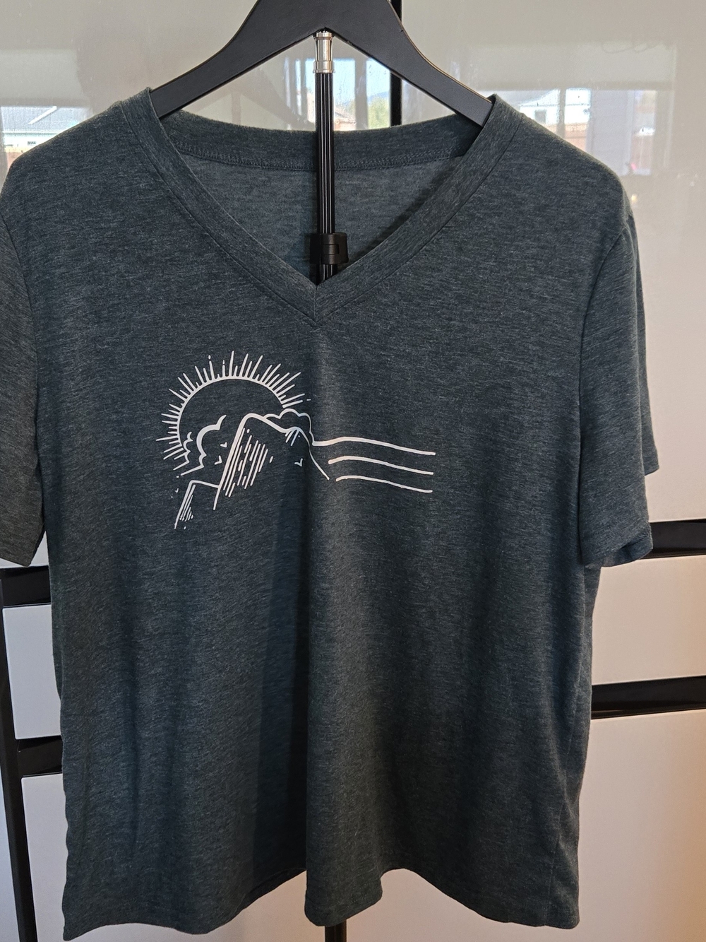 Dark Green V-Neck T-shirt Featuring A Mountain and Sun